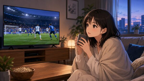 早朝にワールドカップ2026日本代表戦をDAZNで観戦する女性