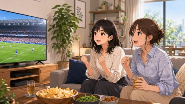 友達とワールドカップ2026日本代表戦をテレビ観戦する日本人女性