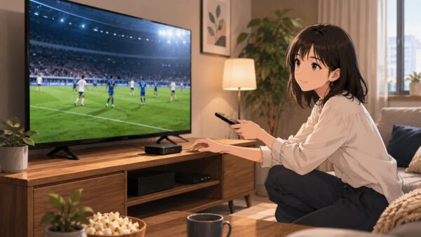 DAZNをテレビに接続してワールドカップ2026を大画面視聴する女性