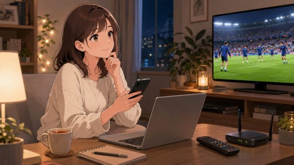 ワールドカップ2026のDAZN無料会員登録に備えて自宅でスマホとパソコンを確認する日本人女性