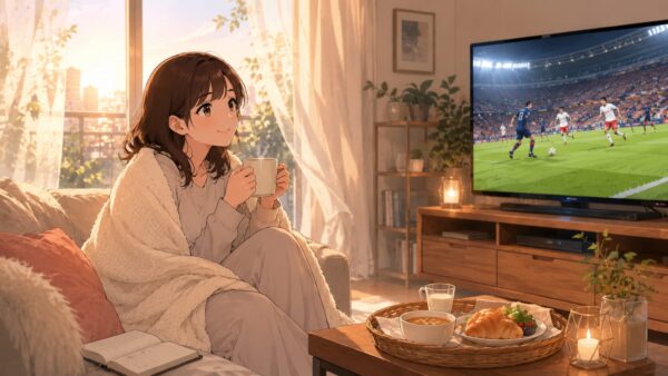 早朝のリビングでワールドカップ2026日本代表戦をテレビ観戦する日本人女性