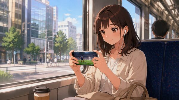 通勤中にスマホでワールドカップ2026のDAZN無料配信を視聴する日本人女性