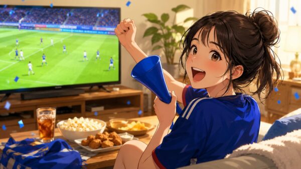 ワールドカップ2026の日本代表戦を自宅で無料視聴して応援する日本人女性