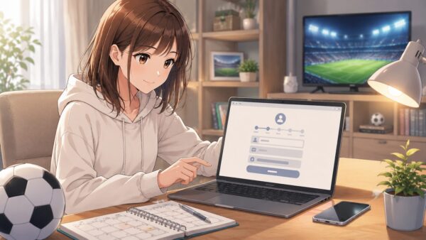 DAZN無料登録のためにパソコンでアカウント情報を入力する日本人女性