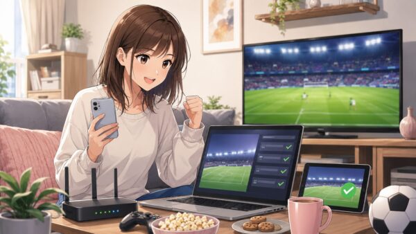 DAZNでワールドカップ2026を快適に見るために端末とWi-Fi環境を確認する日本人女性