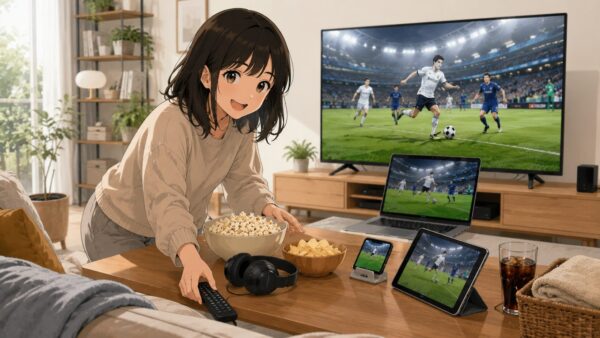 ワールドカップ2026をDAZNで快適に見るためにテレビやスマホの視聴環境を準備する女性