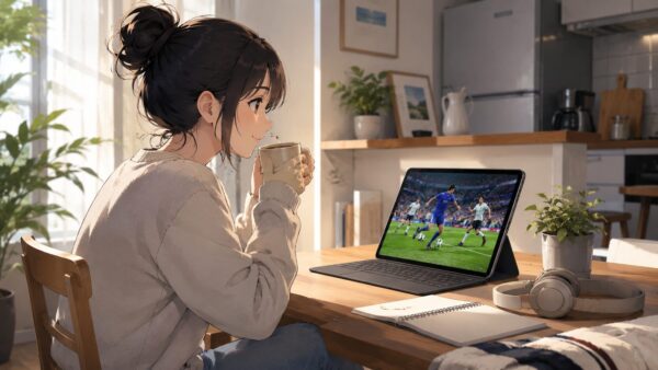 朝の自宅でタブレットを使ってワールドカップ2026の見逃し配信を確認する日本人女性