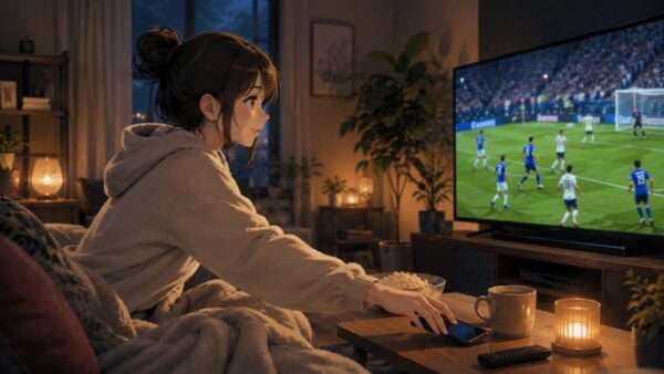 スマホ通知を避けながらワールドカップ2026のDAZN見逃し配信をテレビで楽しむ日本人女性