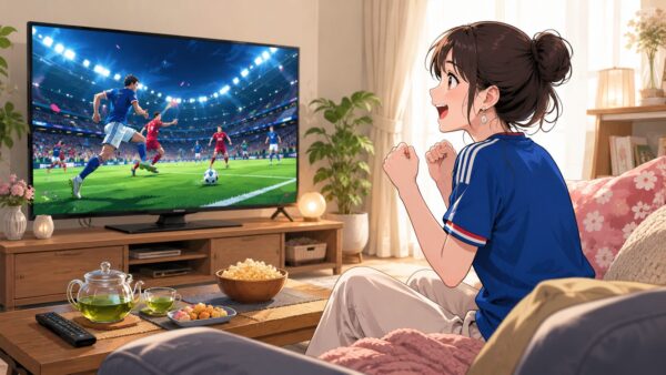 地上波テレビでワールドカップ2026のサッカー中継を楽しむ日本人女性