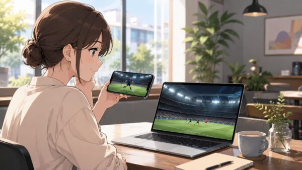 スマホとノートPCでワールドカップ2026の無料ネット配信を確認する日本人女性