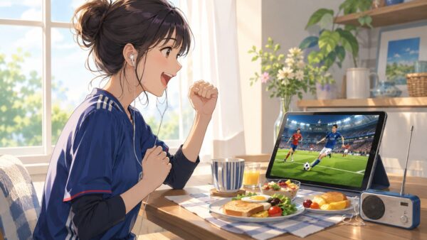 朝食を取りながらワールドカップ2026日本代表戦をタブレットとラジオで追う日本人女性