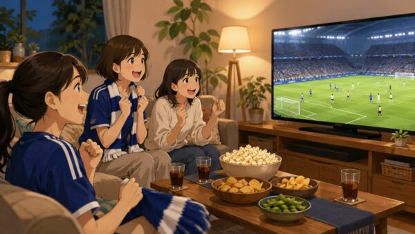 ワールドカップ2026日本戦をテレビの大画面で応援する女性たち