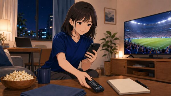 ワールドカップ2026日本戦の無料視聴に向けて事前準備をする日本人女性