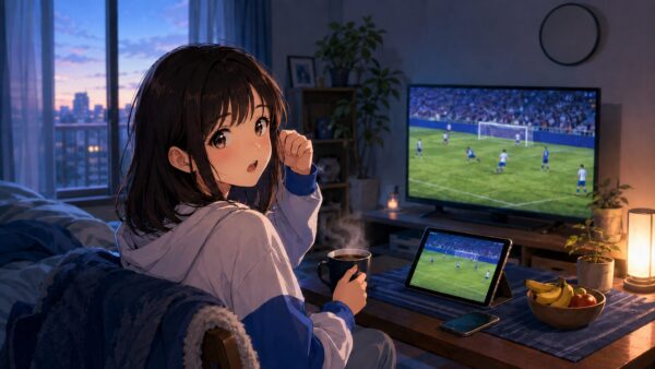 朝5時開始のワールドカップ日本代表戦を自宅で無料配信視聴する女性