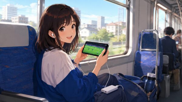 電車内でスマホを使いワールドカップ日本代表戦を無料配信視聴する女性
