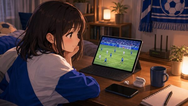 ワールドカップ日本代表戦の見逃し配信を自宅のタブレットで見る女性