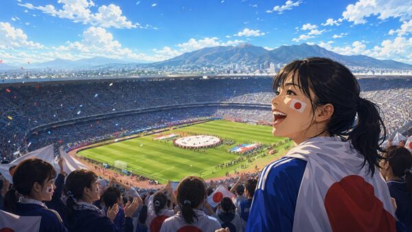 メキシコ開催のワールドカップ開幕戦を満員のスタジアムで見守る日本人女性サッカーファン
