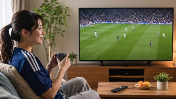 日本人女性がリビングのテレビでメキシコ南アフリカ戦の地上波放送を楽しむ様子