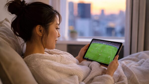 日本人女性がベッドでタブレットを使いメキシコ南アフリカ戦のネット配信を視聴している様子
