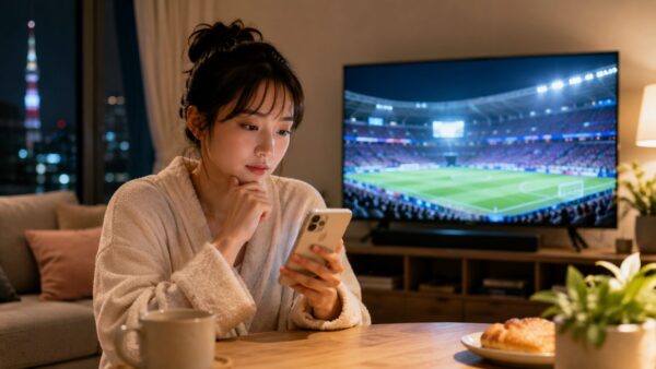 スマホでメキシコ対南アフリカの無料配信を確認する日本人女性