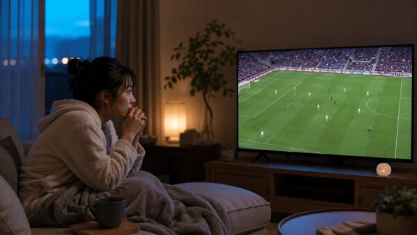 早朝のリビングでテレビのサッカー中継を見る日本人女性