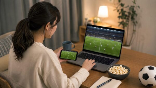 スマホとパソコンでサッカー配信の視聴準備をする日本人女性