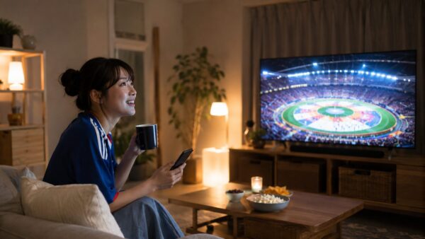 開会式の雰囲気を楽しみながらワールドカップ開幕戦を待つ日本人女性