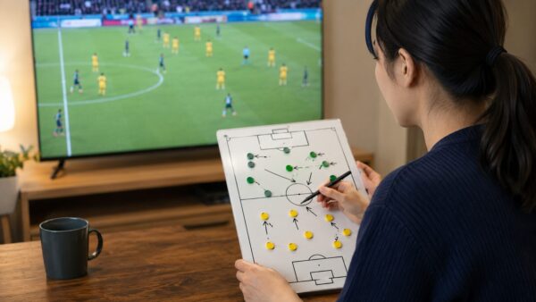 メキシコ対南アフリカのフォーメーションと戦術を分析する日本人女性