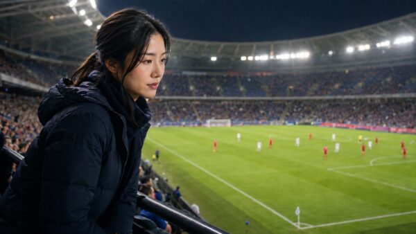 スタジアムで韓国対チェコ戦の展開を見守る日本人女性サッカーファン