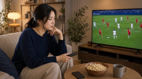自宅のリビングで韓国対チェコ戦の配信を視聴する日本人女性
