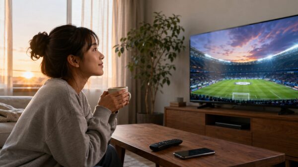朝のリビングでコーヒーを飲みながら開幕戦の視聴準備をする日本人女性
