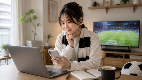 ワールドカップ2026年6月12日の試合予定をスマホとパソコンで確認する日本人女性