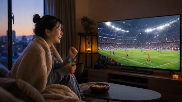 早朝の自宅でワールドカップ2026開幕戦をテレビ観戦する日本人女性