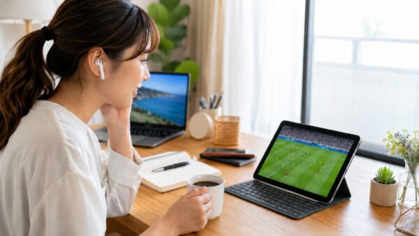 午前11時開始の韓国対チェコ戦を自宅のタブレットで視聴する日本人女性