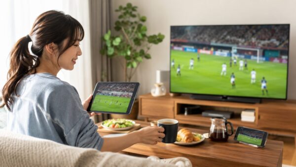 テレビやタブレットでワールドカップ2026の配信を確認しながら観戦する日本人女性