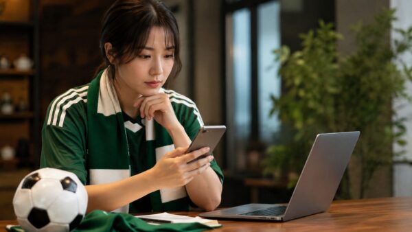 メキシコ対南アフリカの得点者とハイライトをスマホで確認する日本人女性