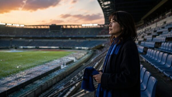 夕暮れのスタジアムで青いマフラーを持ち代表引退の寂しさを感じる日本人女性サポーター