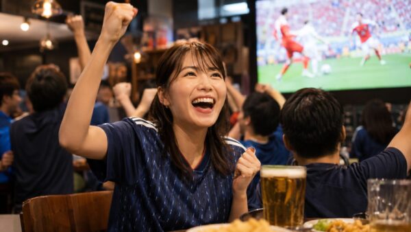 スポーツバーで韓国の同点弾に喜ぶ日本人女性サッカーファン