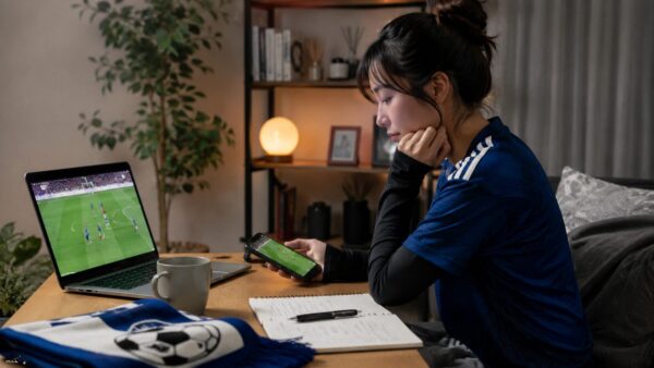 韓国対チェコの試合後に順位表と次戦情報を確認する日本人女性