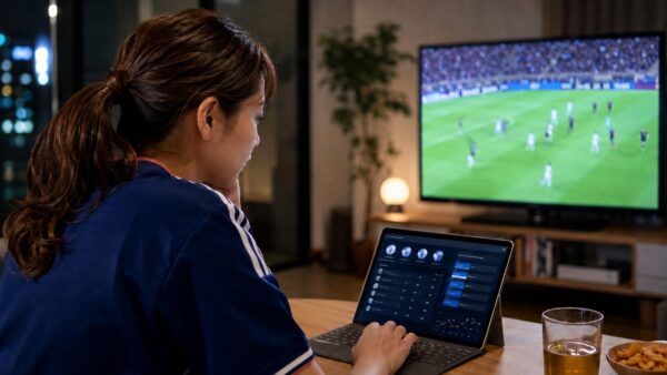 自宅でサッカー中継を見ながらワールドカップ2026グループA順位表を確認する日本人女性