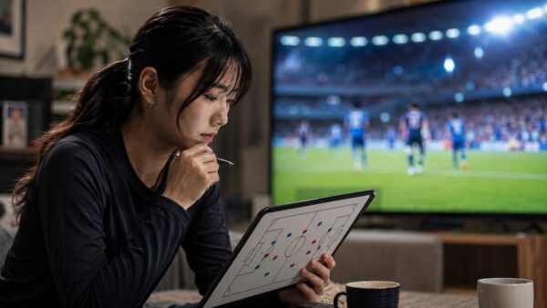 自宅でサッカー戦術ボードを見ながらグループA突破条件を分析する日本人女性